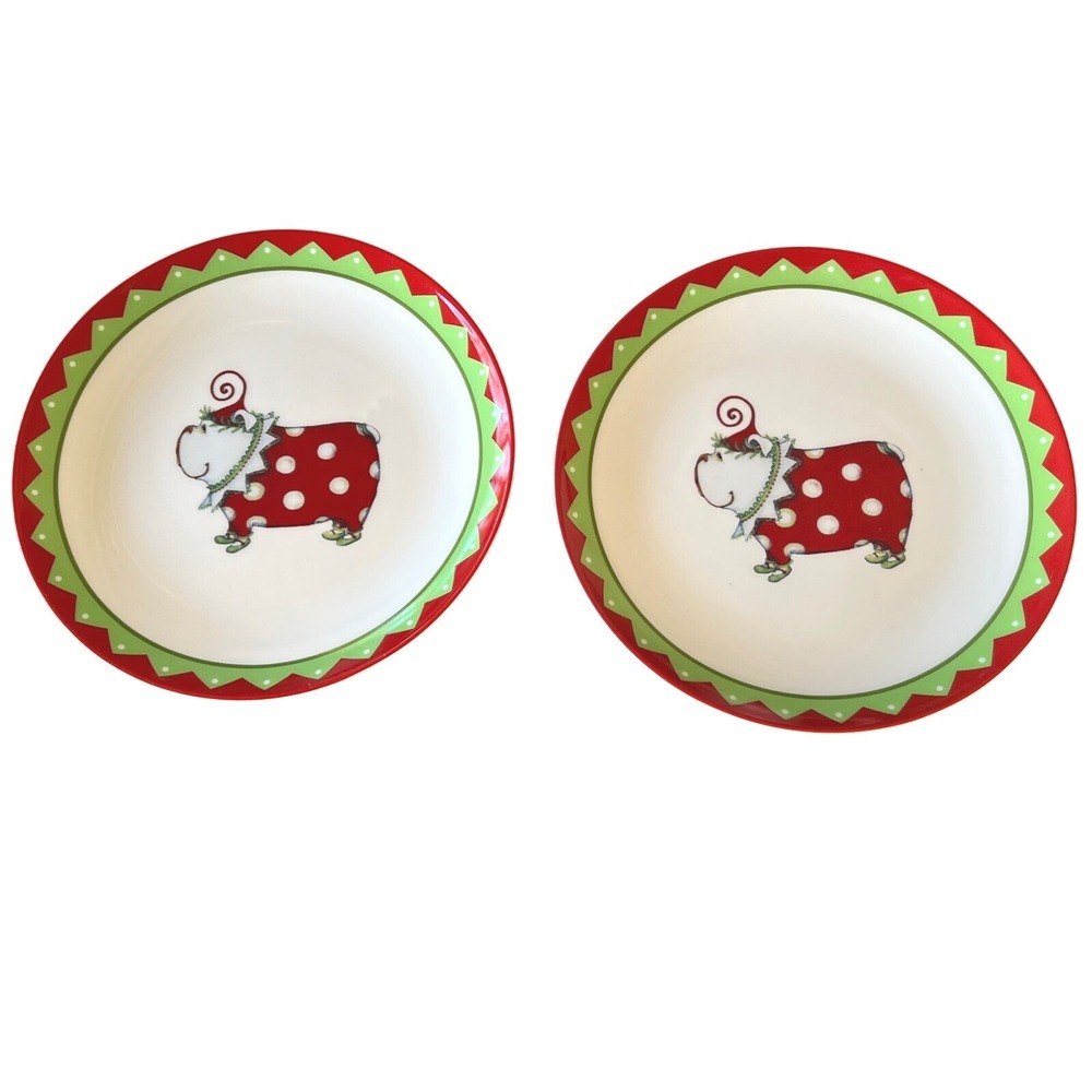 (2) Dept 56 Patience Brewster Krinkles Christmas Dog W/ Purse  Salad‎ Plates New